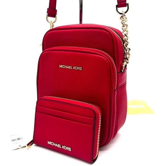 Michael Kors Medium NS Chain Xbody Bag & Jet Set Travel Medium ZA Card Case Red - Picture 3 of 12